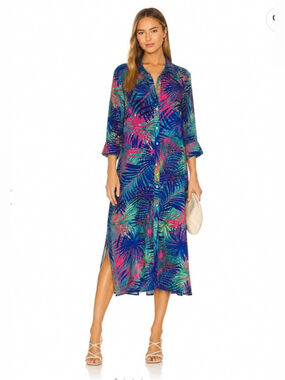 Bonmarché Tropical Palm Print Shirt Midi Dress Blue Pink Size Large